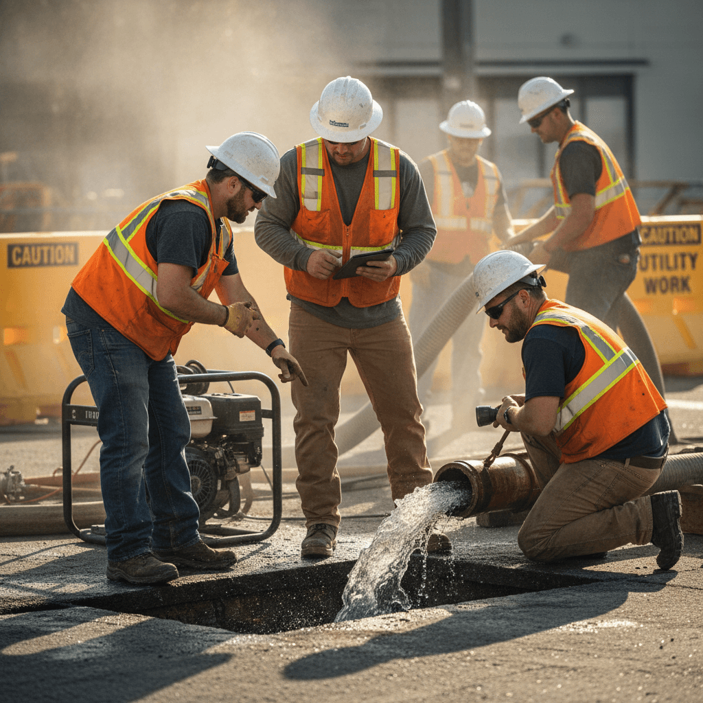 Emergency utility response crew addressing urgent underground damage