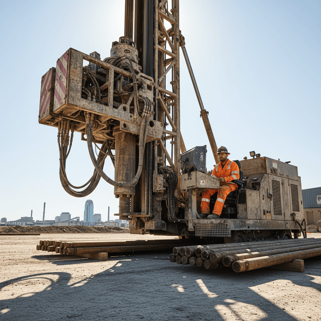 Horizontal directional drilling rig on active job site