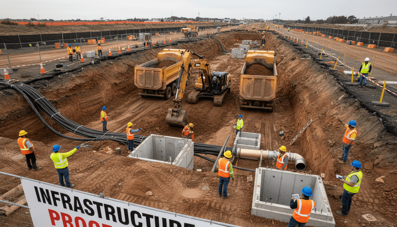 Utility installation work in excavated underground trench