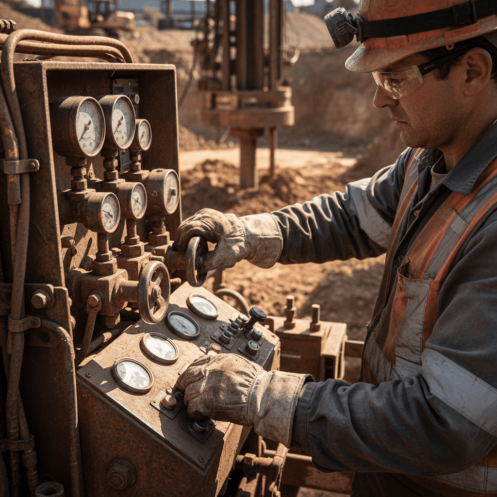 Horizontal directional drilling rig operator at control panel