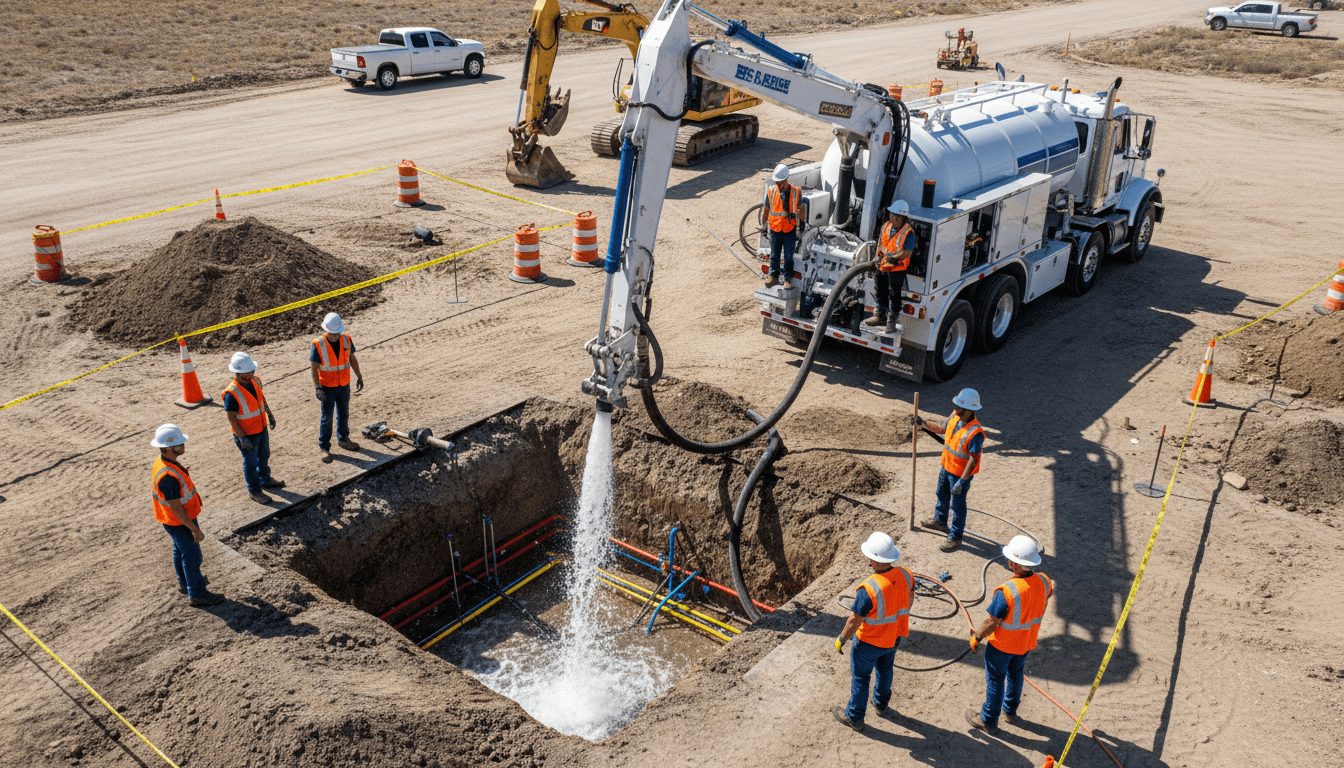Hydro excavation truck exposing utilities with precision water pressure