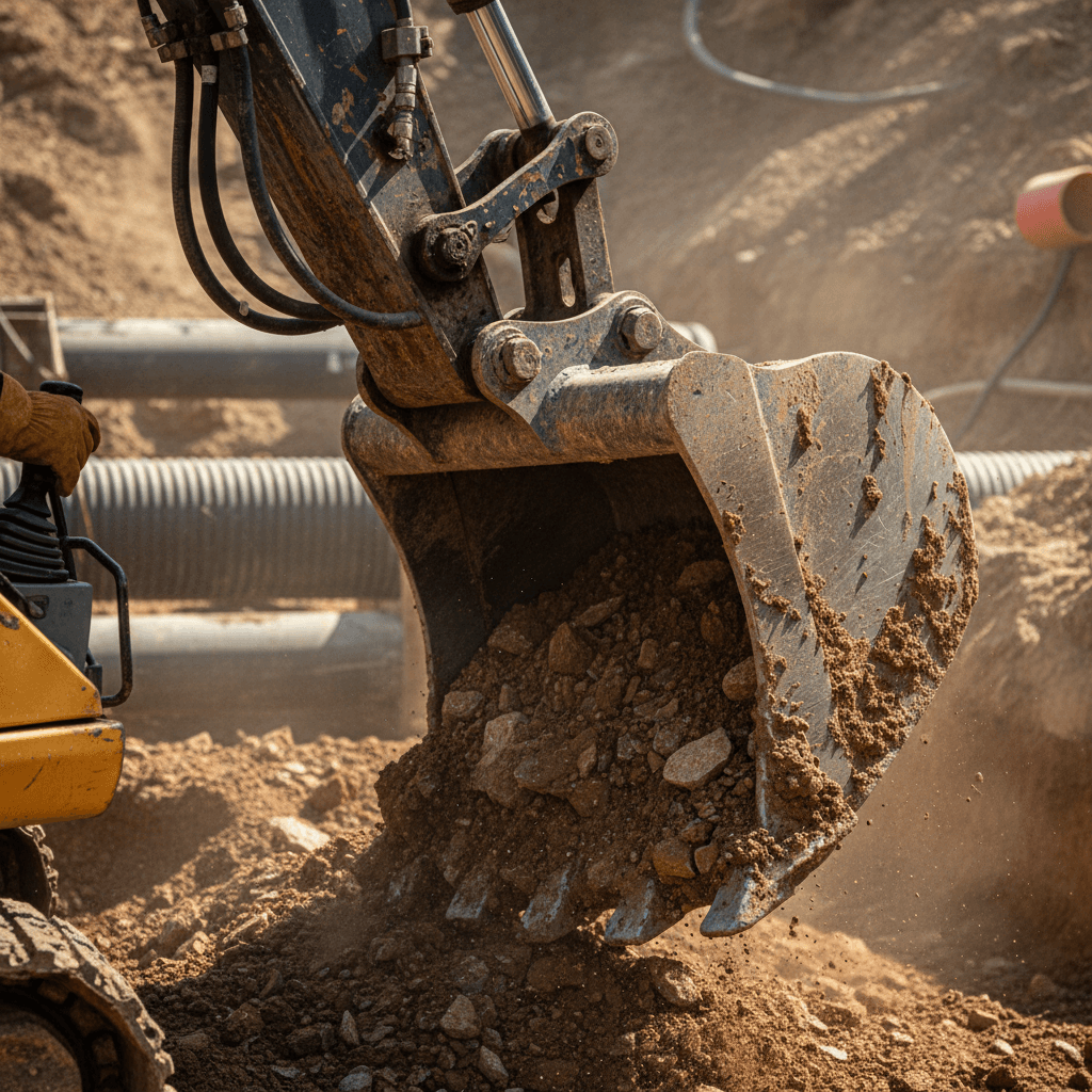 Excavation equipment removing soil during utility work